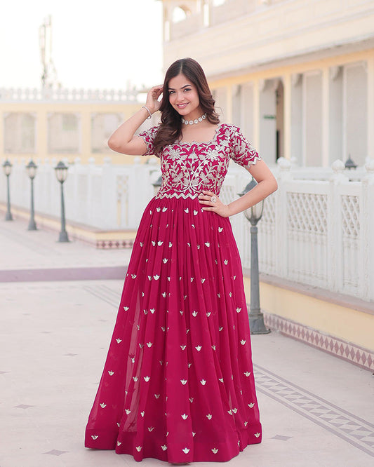 Rani Pink Color Faux Blooming Sequins Embroidered Ethnic Gown