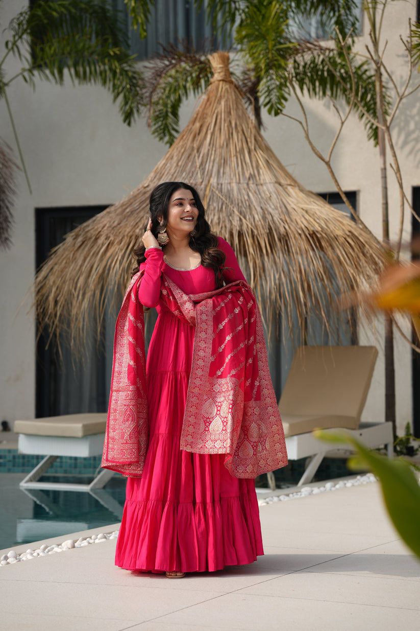 Rani Pink Color Pure Roman Silk Ruffle Style Anarkali Gown