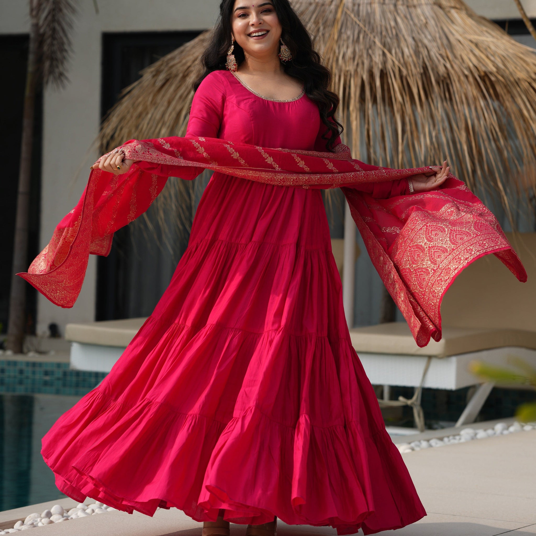 Rani Pink Color Pure Roman Silk Ruffle Style Anarkali Gown