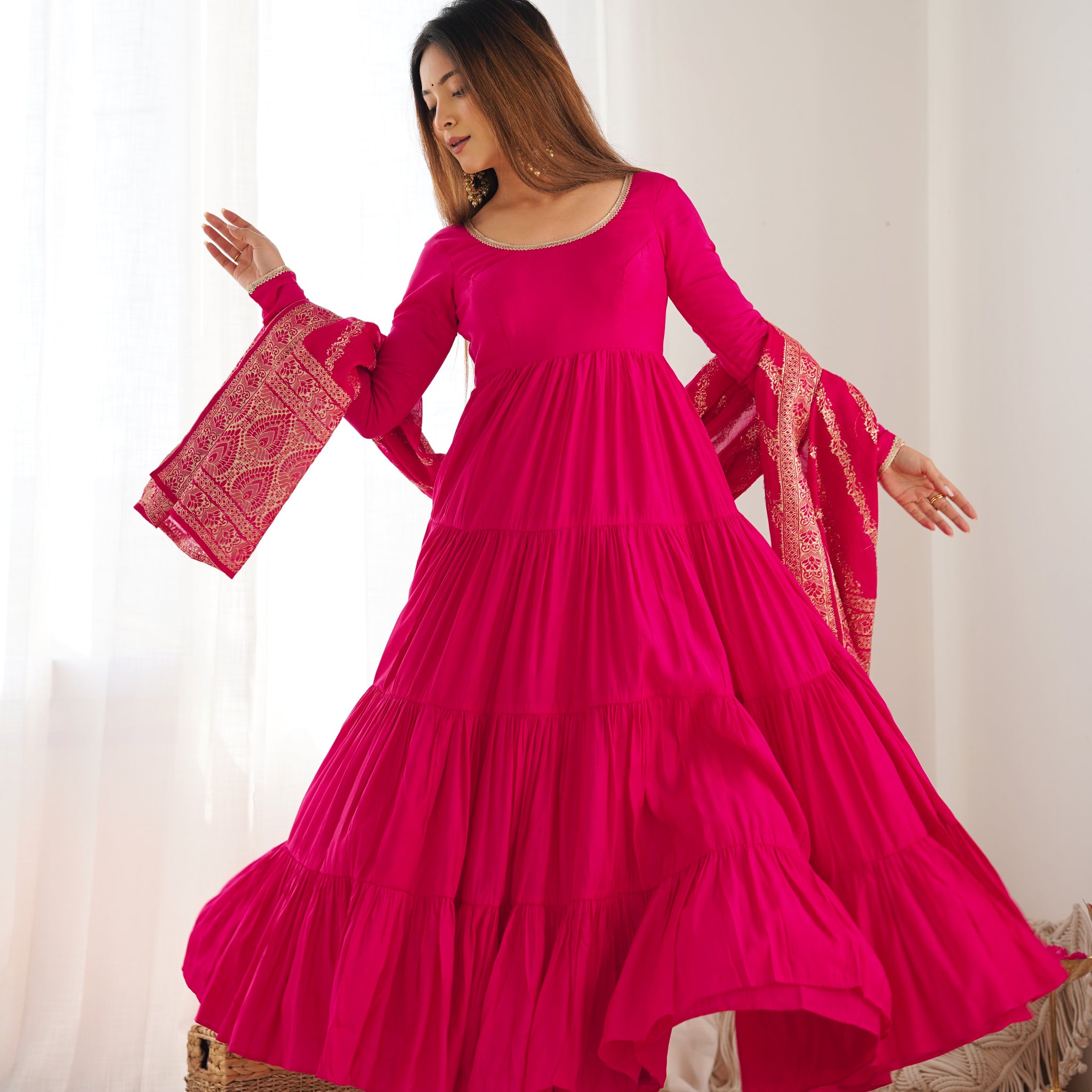 Rani Pink Color Pure Roman Silk Ruffle Style Anarkali Gown