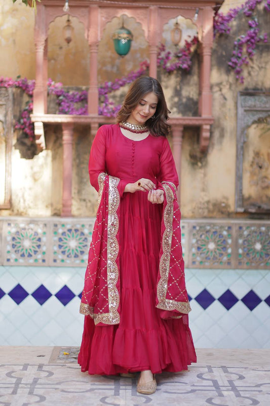 Rani Pink Color Star Georgette Gown With Embroidered Dupatta