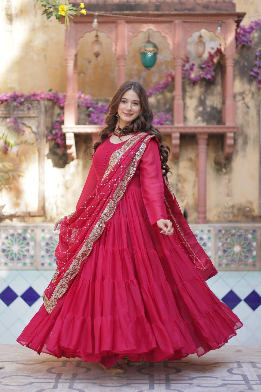 Rani Pink Color Star Georgette Gown With Embroidered Dupatta