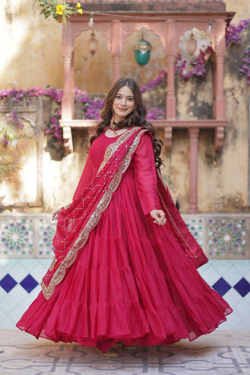 Rani Pink Color Star Georgette Gown With Embroidered Dupatta