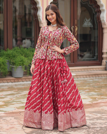 Rani Pink Color Viscose jacquard Crop Top Lehenga Choli