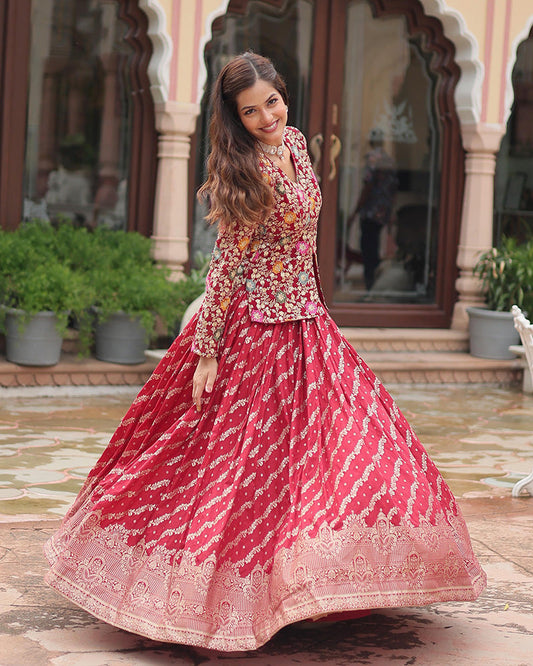 Rani Pink Color Viscose jacquard Crop Top Lehenga Choli