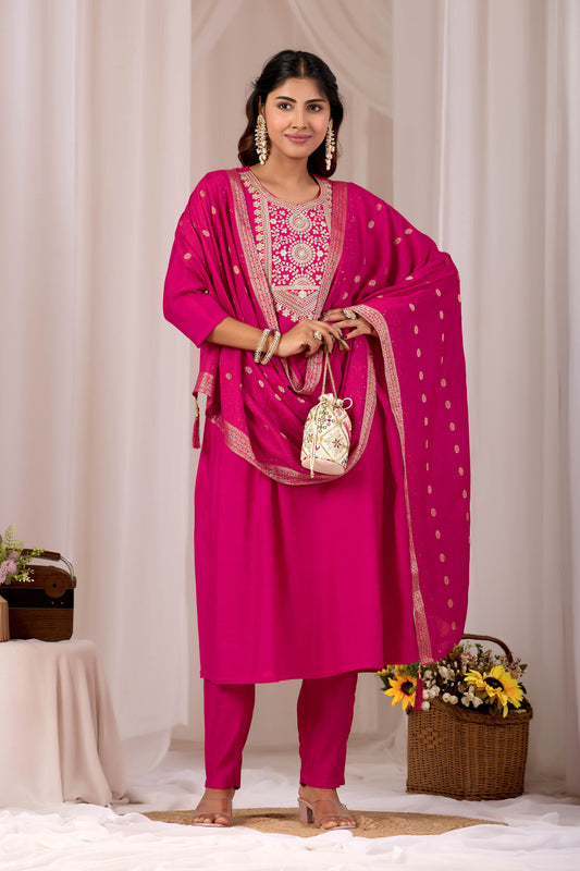 Rani Pink Embroidery Neck Design Cotton A-Line Kurta Pant Set for Women With Dupatta