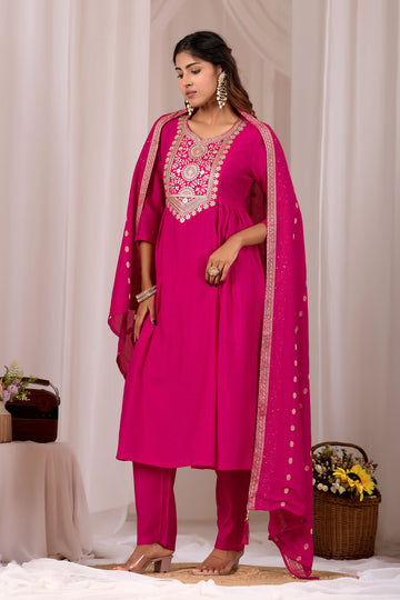 Rani Pink Embroidery Neck Design Cotton A-Line Kurta Pant Set for Women With Dupatta