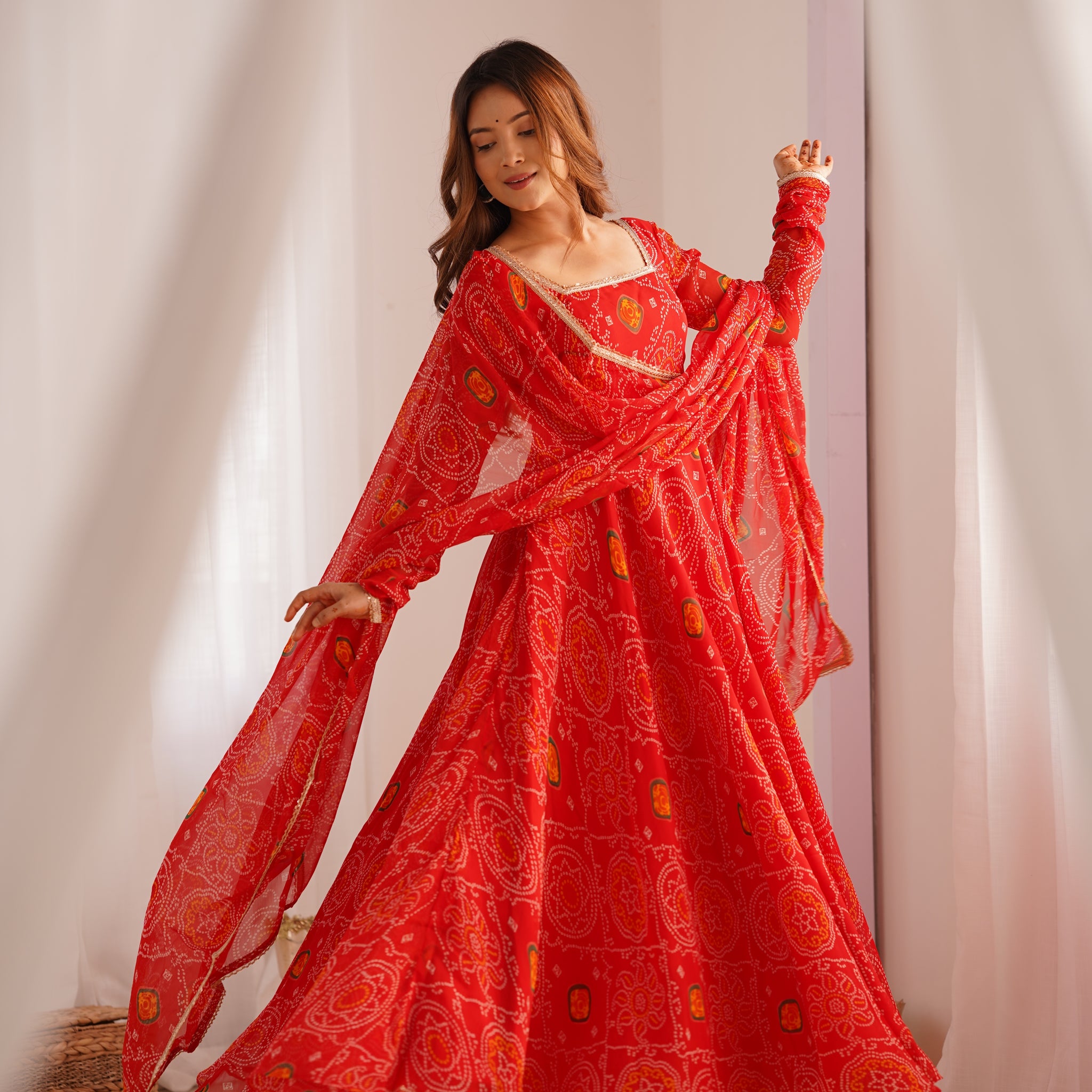 Red Color Bandhej Print Soft Chiffon Anarkali Gown