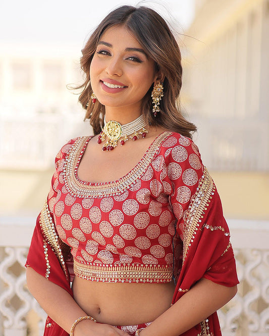 Pure Viscose Jacquard Red Lehenga Choli