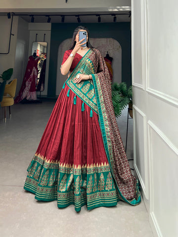 Red Color Print With Foil Work Tussar Silk Traditional Lehenga Choli