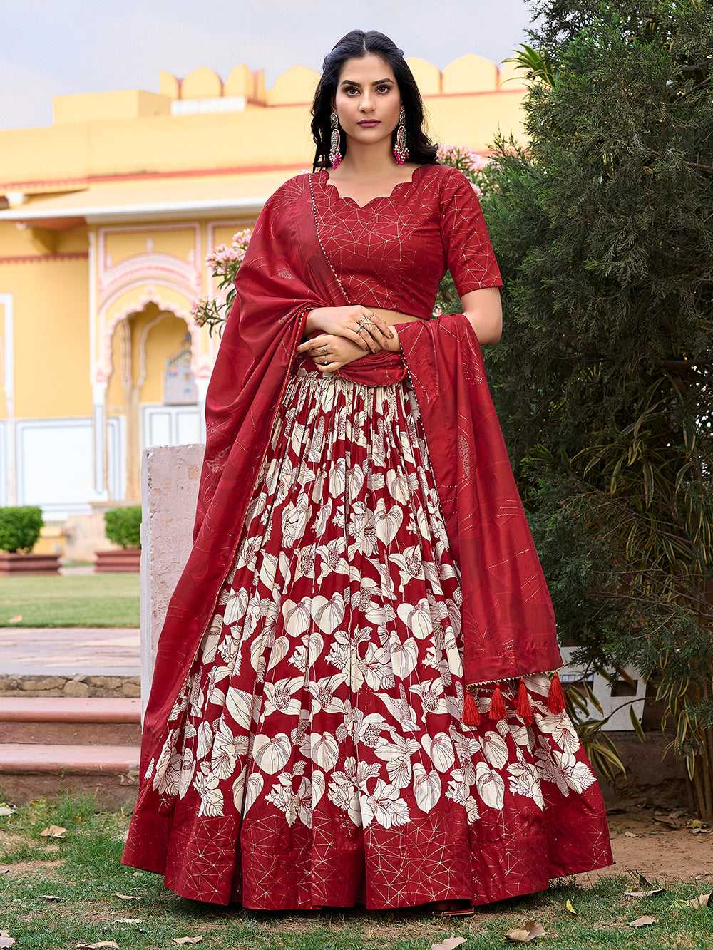 Red Color Floral Print With Foil Work Tussar Silk Lehenga Choli