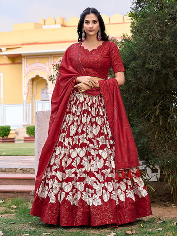 Red Color Floral Print With Foil Work Tussar Silk Lehenga Choli