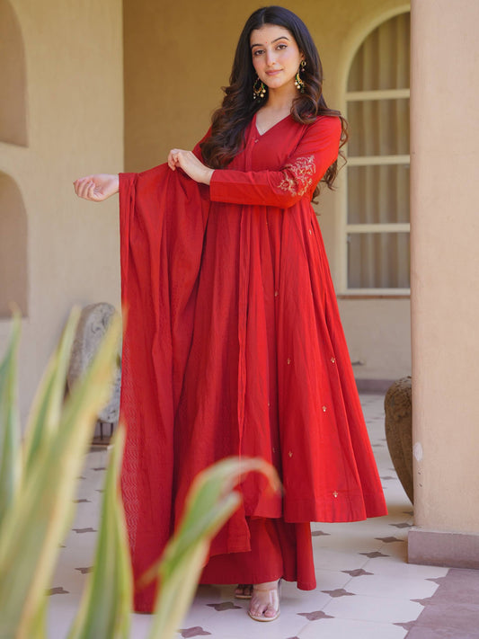 Red Designer Anarkali Kurta Palazzo Suit Set for Women with Dupatta