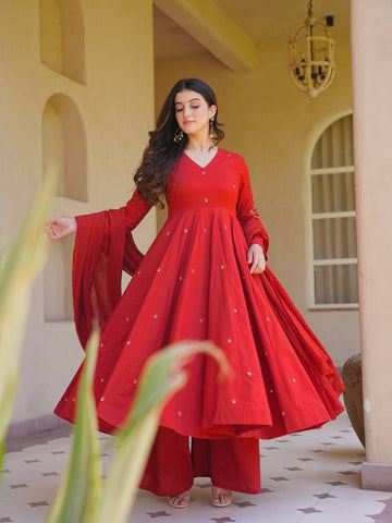 Red Designer Anarkali Kurta Palazzo Suit Set for Women with Dupatta