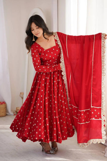 Rivayat Red Chinon Silk Three Piece Anarkali Suit Set For Women
