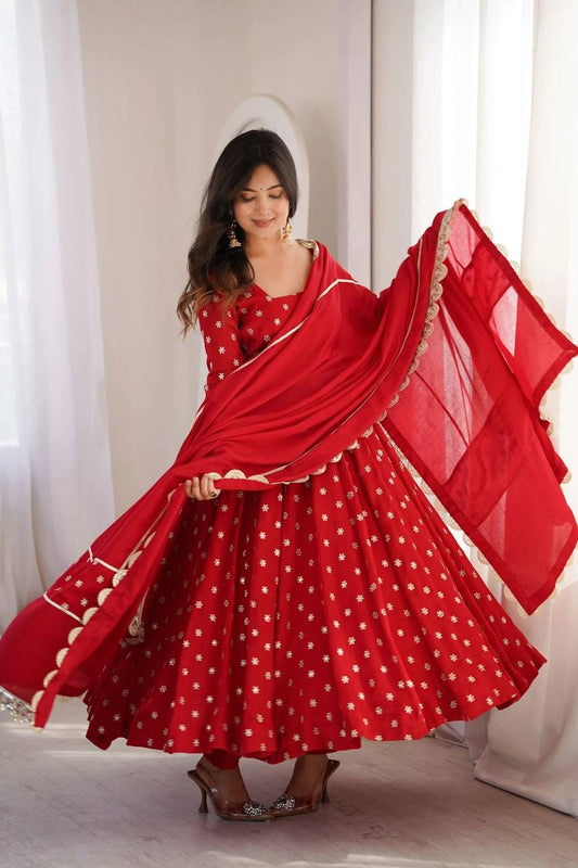 Rivayat Red Chinon Silk Three Piece Anarkali Suit Set For Women