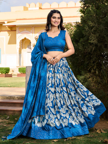 Royal Blue Color Floral Print With Foil Work Tussar Silk Lehenga Choli