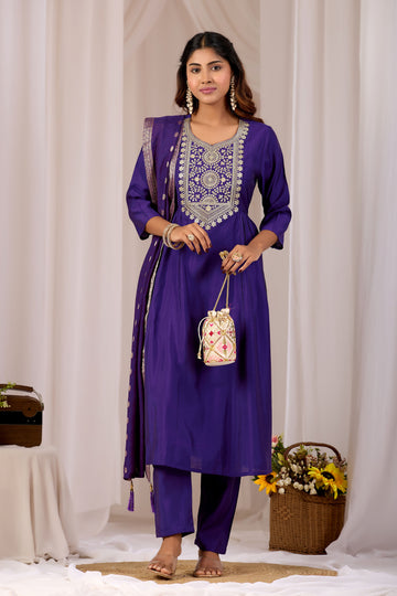 Royal Blue Embroidery Neck Design Cotton A-Line Kurta Pant Set for Women With Dupatta