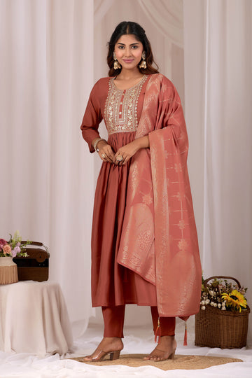 Rust Embroidery Neck Design Cotton Anarkali Suit Set for Women With Jacquard Dupatta