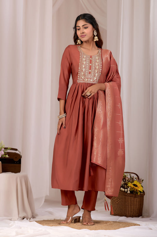 Rust Embroidery Neck Design Cotton Anarkali Suit Set for Women With Jacquard Dupatta