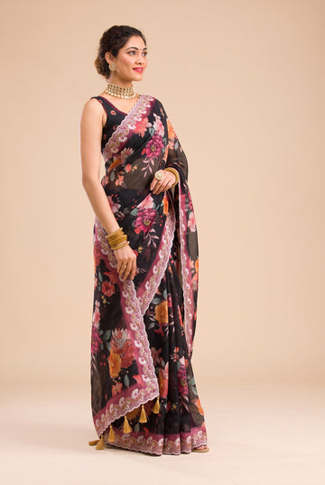 Black Kota Doriya Digital Printed Saree with Scalloped Border