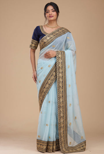 Sky Blue Heavy Embroidery Work Border Saree With Matching Blouse Piece