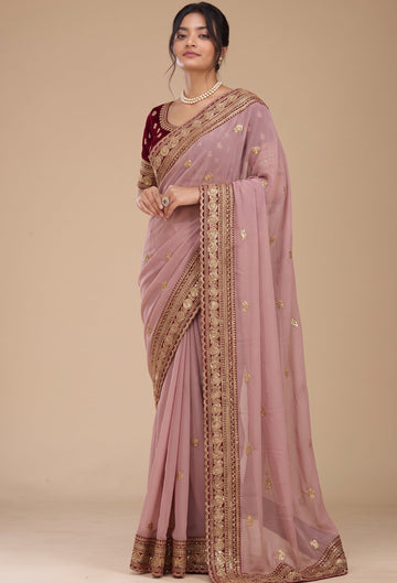Dusty Peach Heavy Embroidery Work Border Saree With Matching Blouse Piece