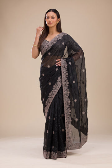 Black Fandy Silk Embroidery Worked Saree With Matching Blouse Piece