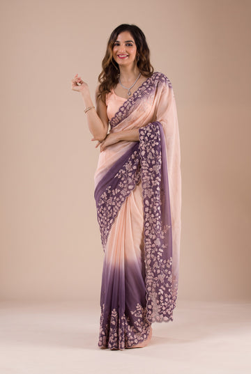 Cream Floral Embroidery Saree With Matching Blouse Piece