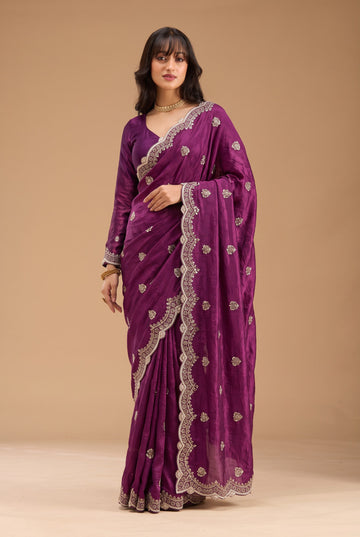 Royal Purple Fandy Silk Embroidery Work Border Saree With Matching Blouse Piece