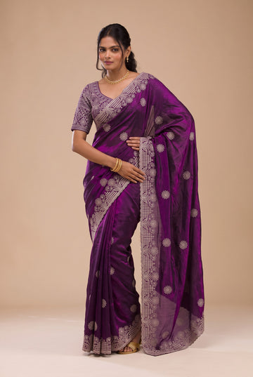 Purple Fandy Silk Embroidery Worked Saree With Matching Blouse Piece