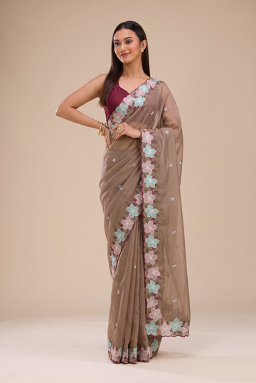 Brown Kota Doriya Embroidery Thread Work Saree | Anarkali Suit