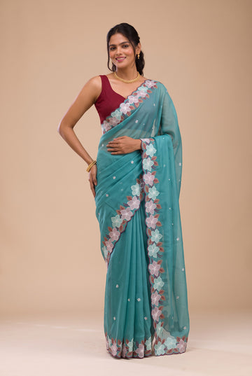 Sea Green Kota Doriya Embroidery Thread Work Saree | Anarkali Suit
