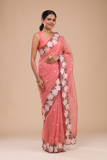 Designer Dusty Rose Pink Kota Doriya Embroidery Thread Work Saree | Anarkali Suit