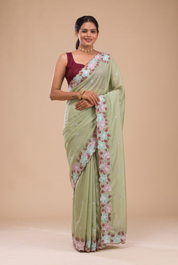 Party Wear Sage Green Kota Doriya Embroidery Thread Work Saree | Anarkali Suit