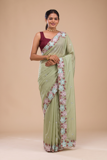 Party Wear Sage Green Kota Doriya Embroidery Thread Work Saree | Anarkali Suit