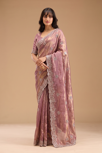 Metalic Mauve Fandy Silk Embroidery Work Border Saree With Matching Blouse Piece