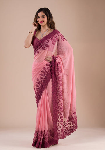 Dusty Pink Floral Embroidery Saree With Matching Blouse Piece