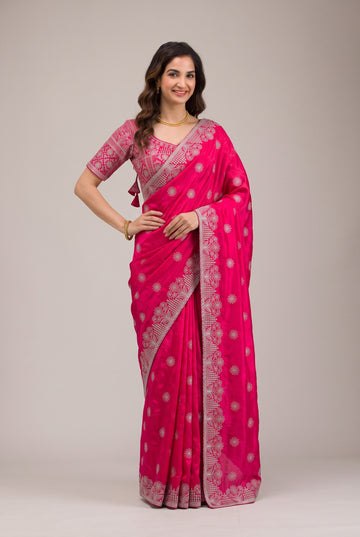 Red Fandy Silk Embroidery Worked Saree With Matching Blouse Piece