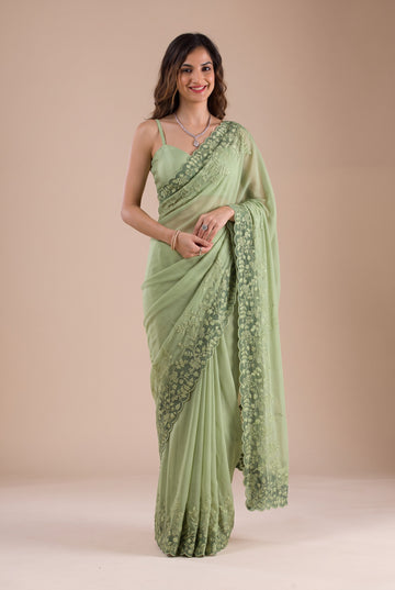 Pastel Green Floral Embroidery Saree With Matching Blouse Piece