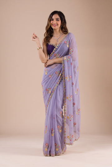 Lavender Embroidery work Saree with Scallop Border | Anarkali Suit