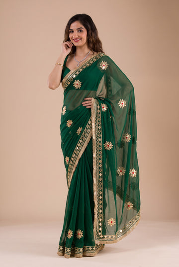 Green Silk Blend Gota Patti Work Saree With Matching Blouse Piece