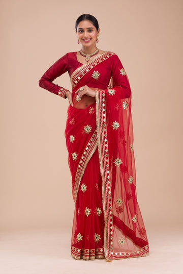 Red Silk Blend Gota Patti Work Saree With Matching Blouse Piece