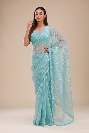 Blue Organza Silk Saree With Matching Blouse Piece