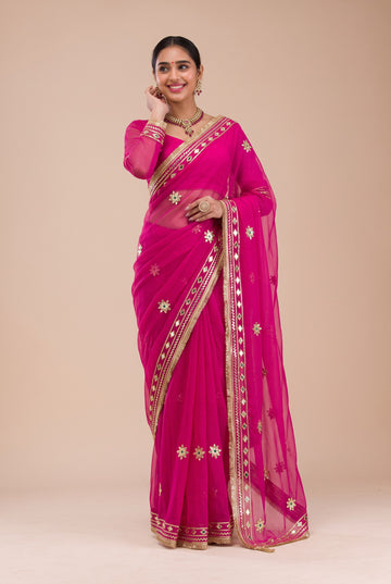 Rani Pink Silk Blend Gota Patti Work Saree With Matching Blouse Piece