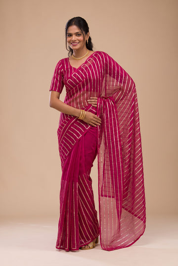 Pink Chevron Organza Silk Saree With Matching Blouse Piece