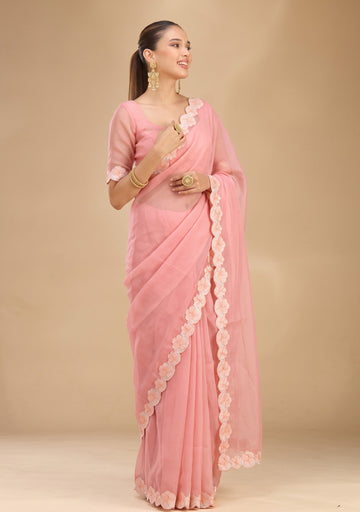 Baby Pink Kota Doriya Saree With Matching Blouse Piece