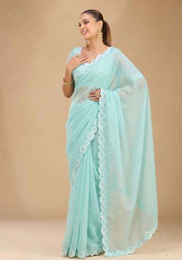 Sky Blue Kota Doriya Saree With Matching Blouse Piece