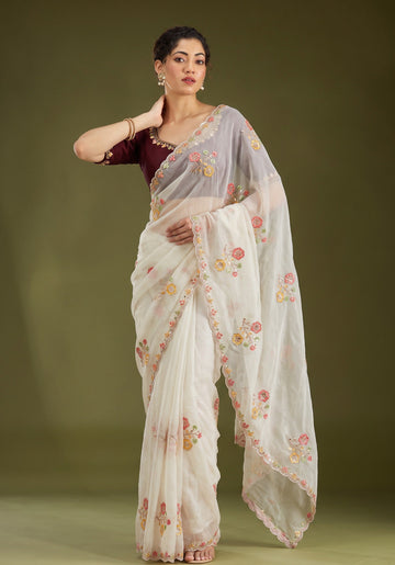 Off White Floral Embroidered Chiffon Silk Saree | Anarkali Suit
