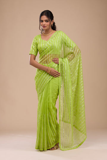 Green Organza Silk Saree With Matching Blouse Piece
